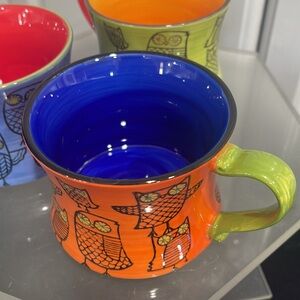 Pier 1 Stackable Owl Stoneware Mugs 3!in all, New but The blue one is chipped .